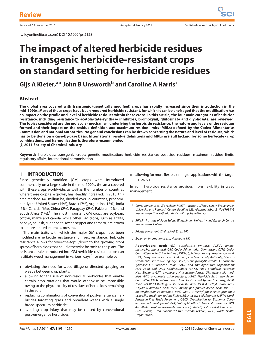 The Impact of Altered Herbicide Residues in Transgenic Herbicideresistant Crops on Standard Setting for Herbicide Residues