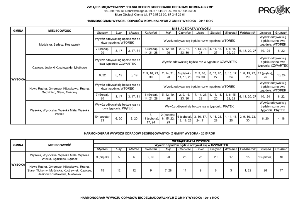 ZWIĄZEK MIĘDZYGMINNY "PILSKI REGION GOSPODARKI ODPADAMI KOMUNALNYMI" 64-920 Piła, Ul