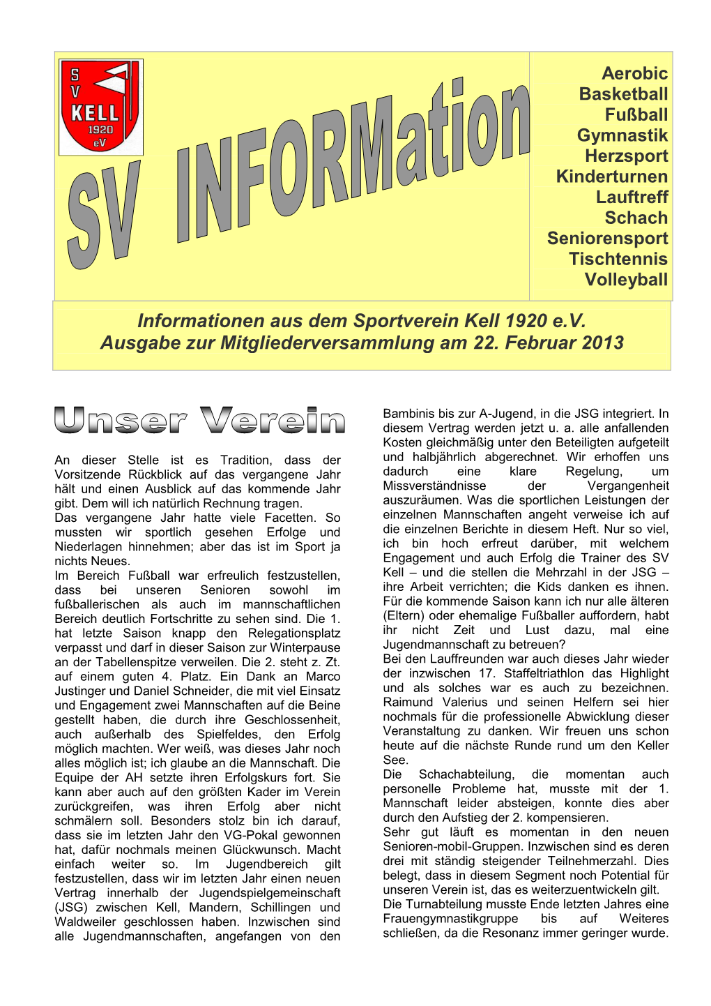 Informationen Aus Dem Sportverein Kell 1920 E.V. Ausgabe Zur Mitgliederversammlung Am 22. Februar 2013