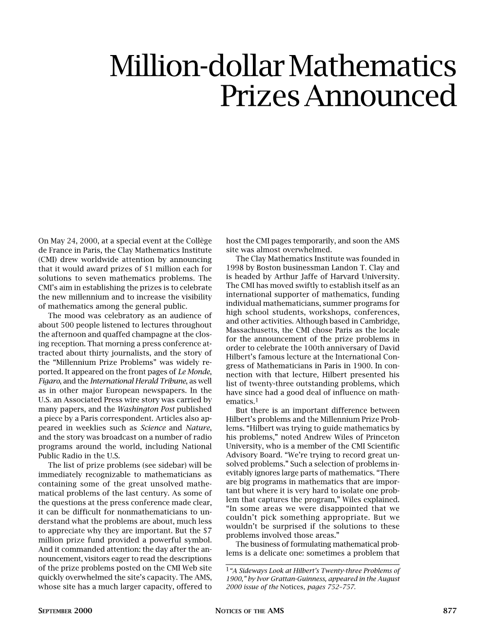 Million-Dollar Mathematics Prizes Announced, Volume 47, Number 8