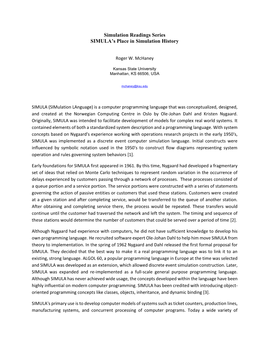 Simulation Readings Series SIMULA's Place in Simulation History