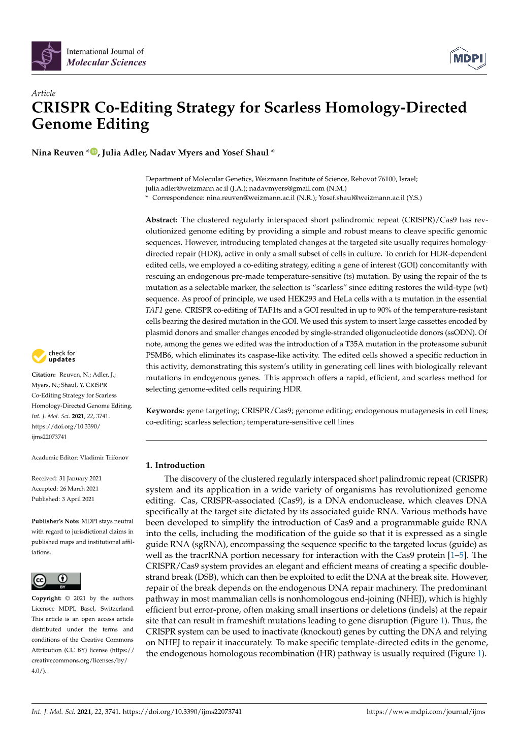 CRISPR Co-Editing Strategy for Scarless Homology-Directed Genome Editing