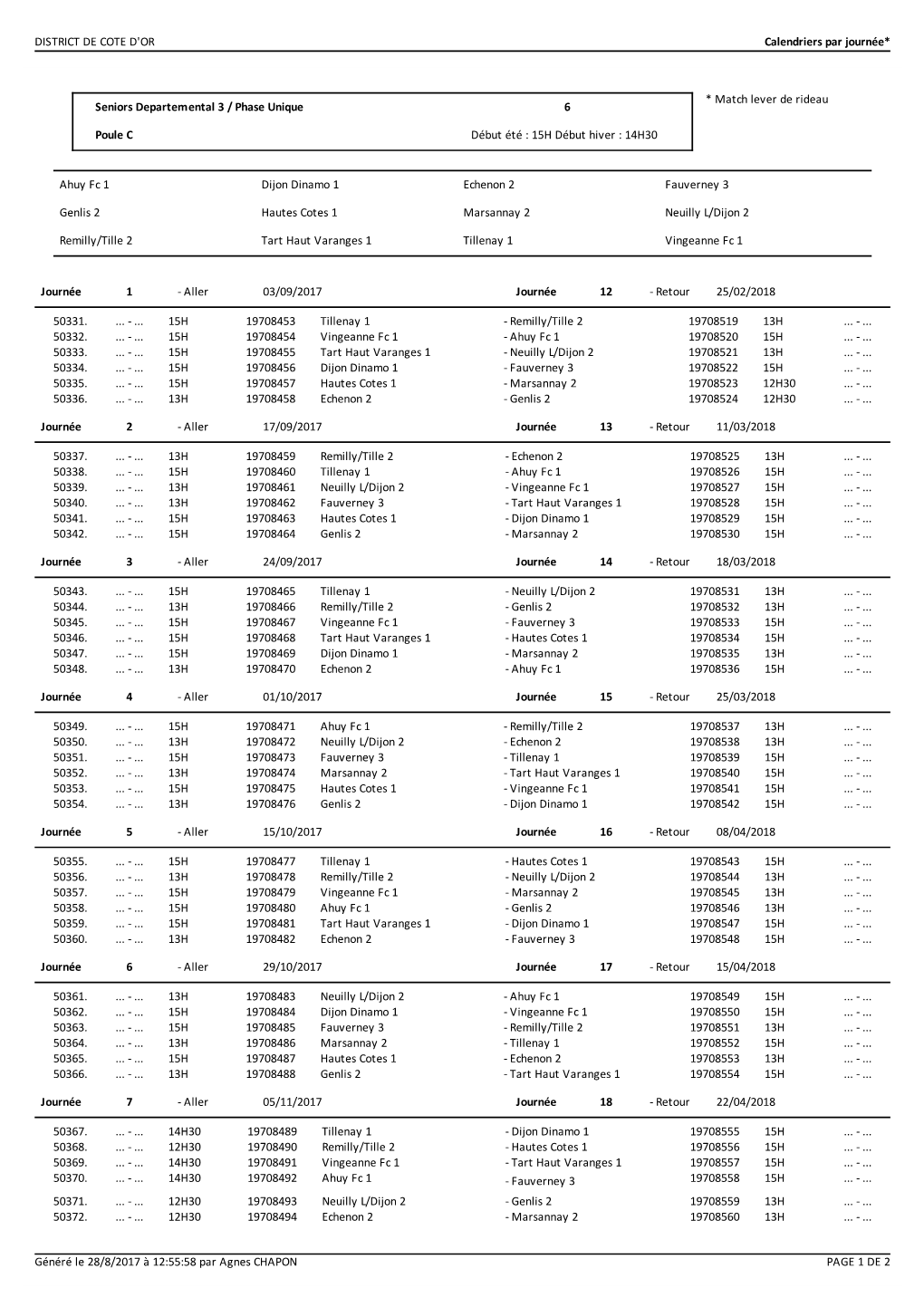 DISTRICT DE COTE D'or Calendriers Par Journée* Généré Le