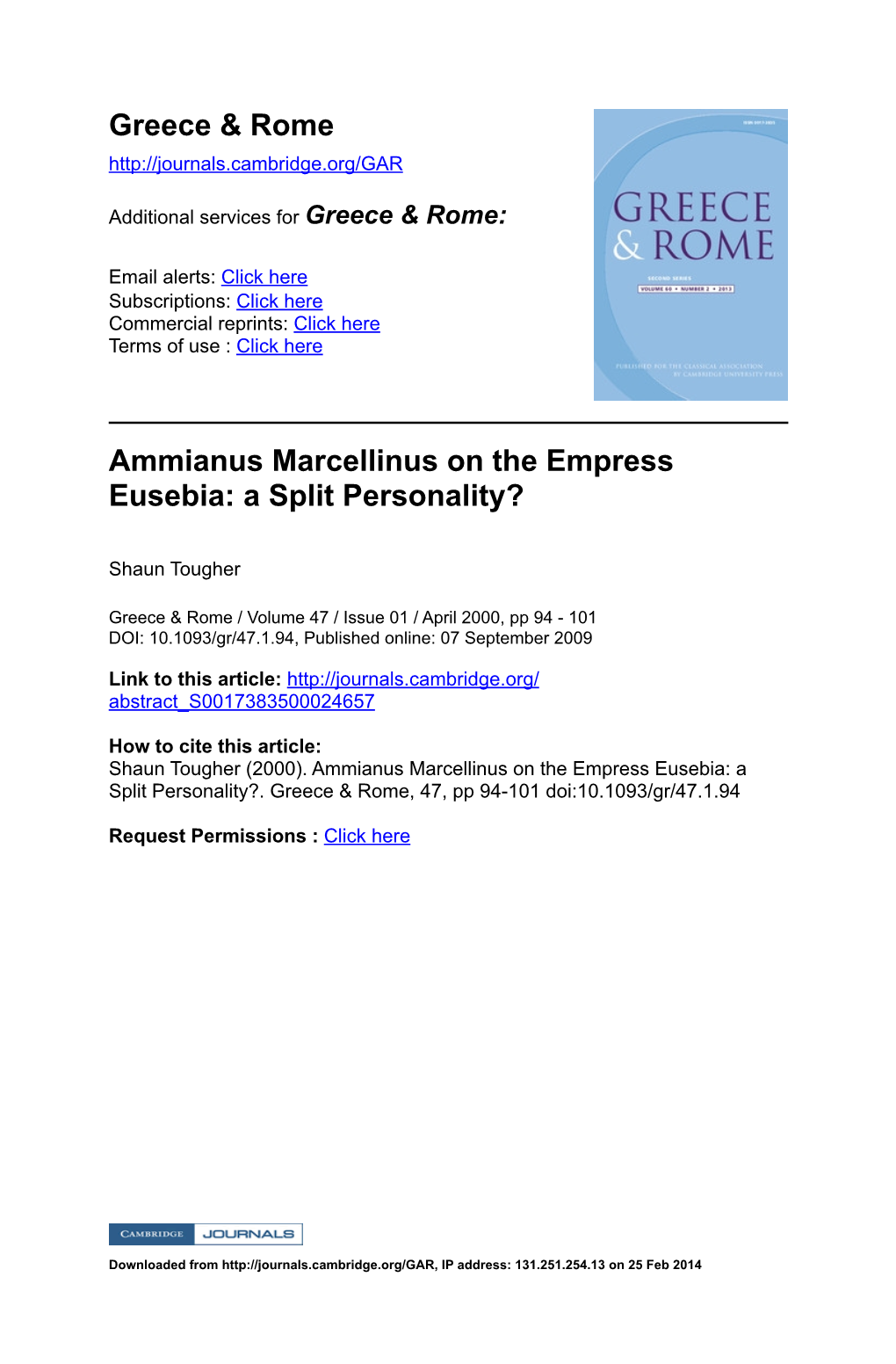 Greece & Rome Ammianus Marcellinus on the Empress Eusebia