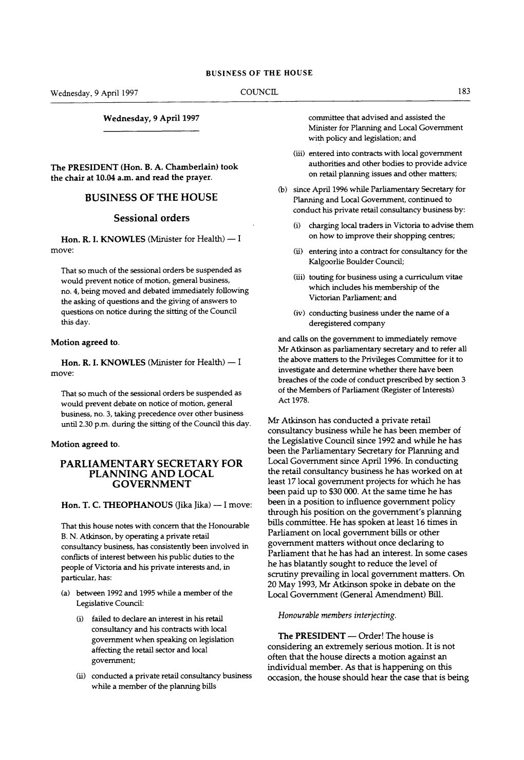 BUSINESS of the HOUSE Sessional Orders