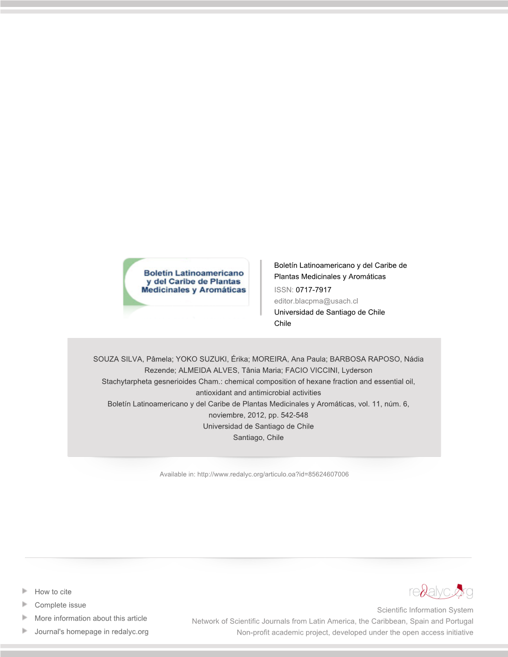 Redalyc.Stachytarpheta Gesnerioides Cham.: Chemical Composition Of