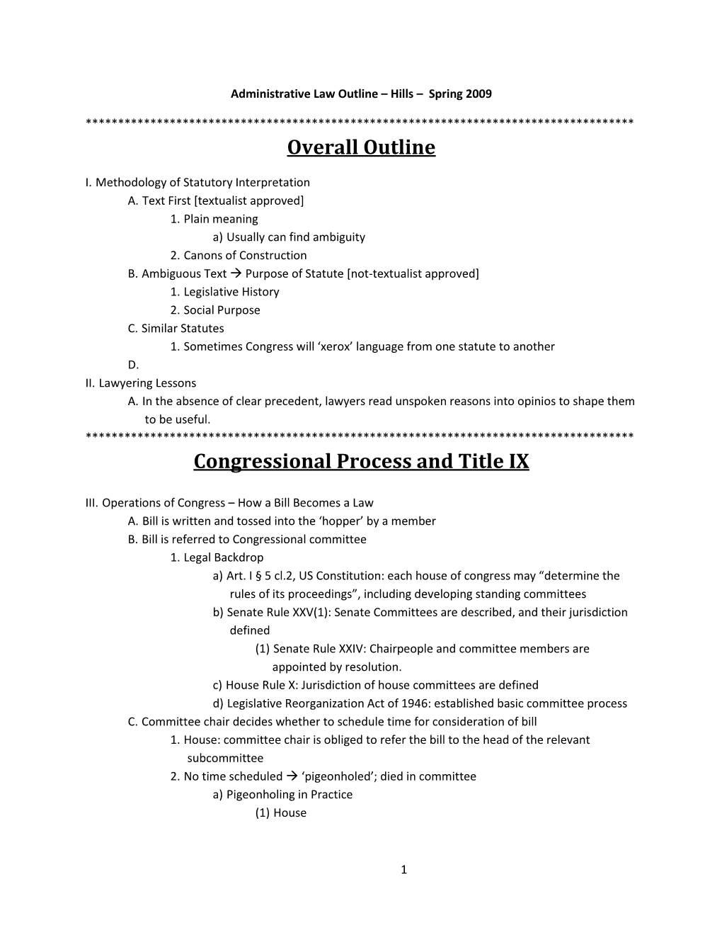 Overall Outline Congressional Process and Title IX