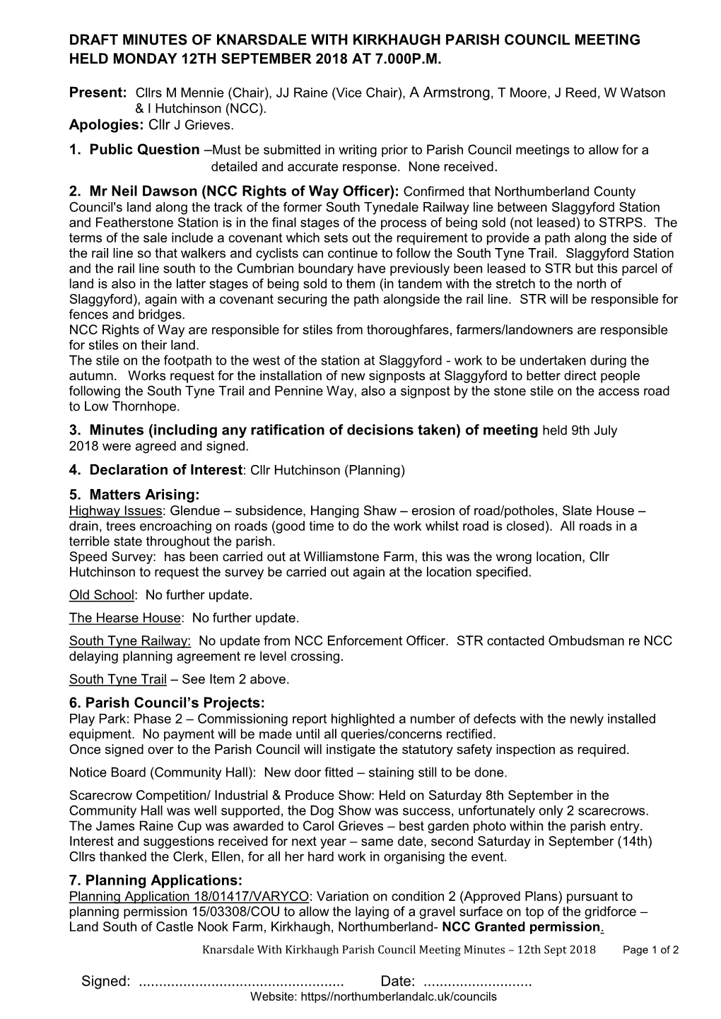 Draft Minutes of Knarsdale with Kirkhaugh Parish Council Meeting Held Monday 12Th September 2018 at 7.000P.M