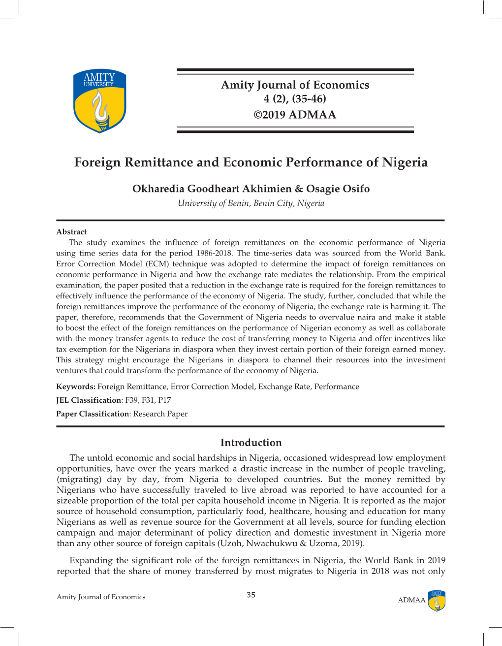 Foreign Remittance and Economic Performance of Nigeria