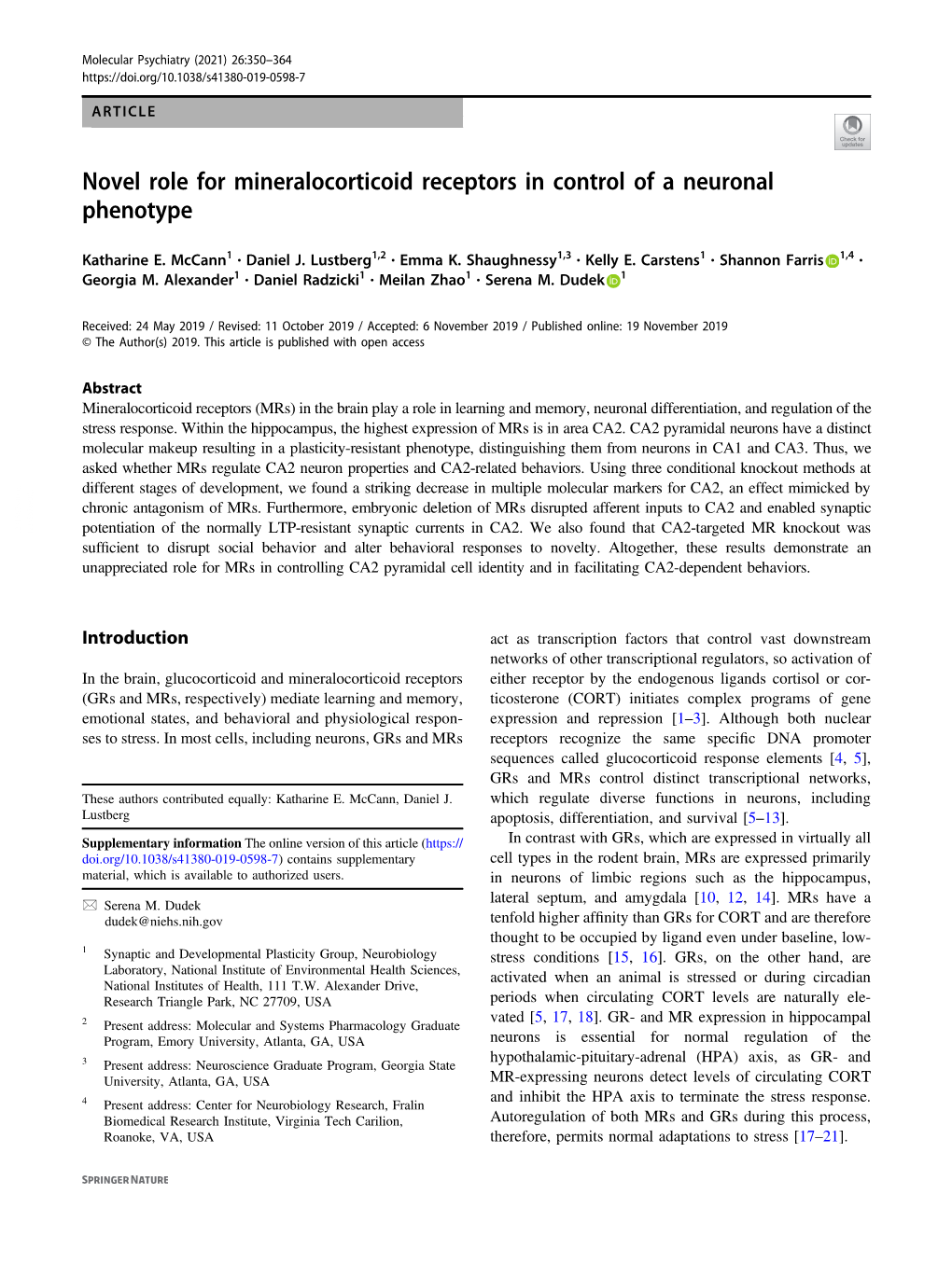 Novel Role for Mineralocorticoid Receptors in Control of a Neuronal Phenotype