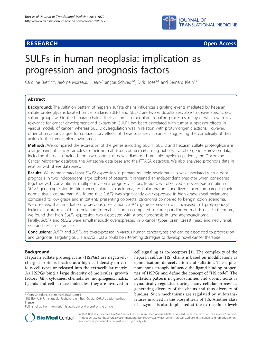 Sulfs in Human Neoplasia: Implication As Progression And