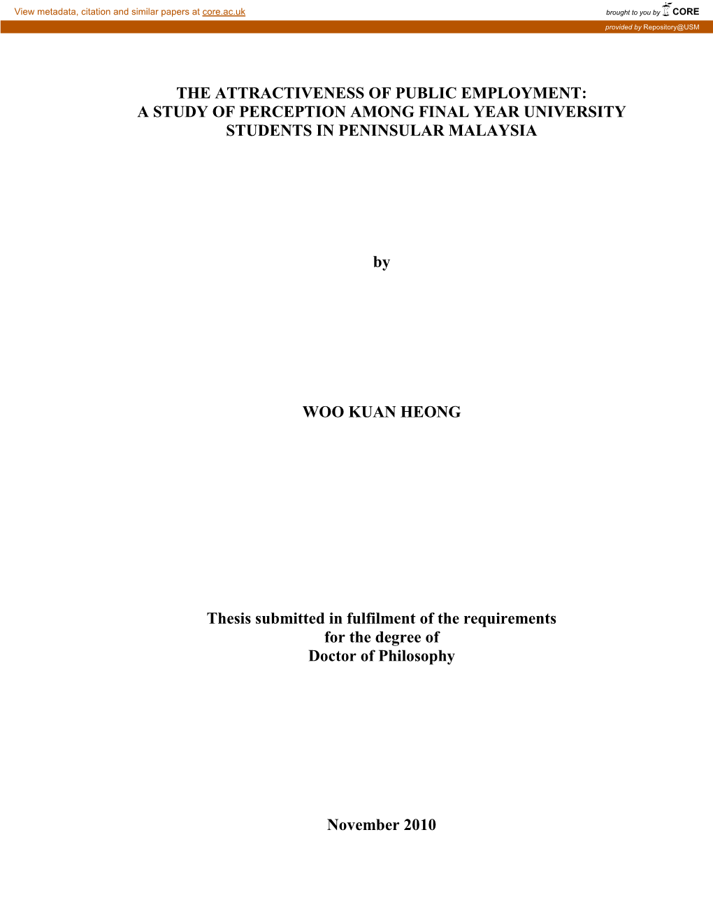 The Attractiveness of Public Employment: a Study of Perception Among Final Year University Students in Peninsular Malaysia