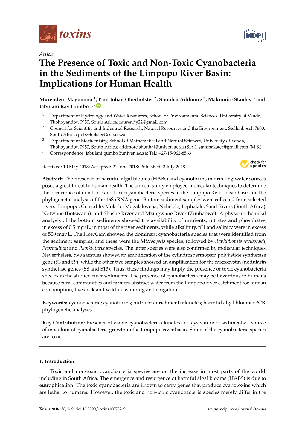 The Presence of Toxic and Non-Toxic Cyanobacteria in the Sediments of the Limpopo River Basin: Implications for Human Health