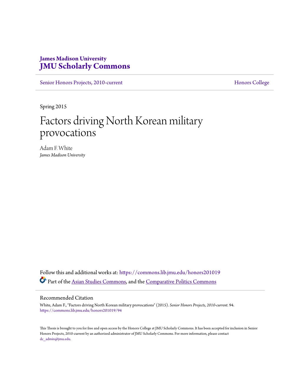 Factors Driving North Korean Military Provocations Adam F