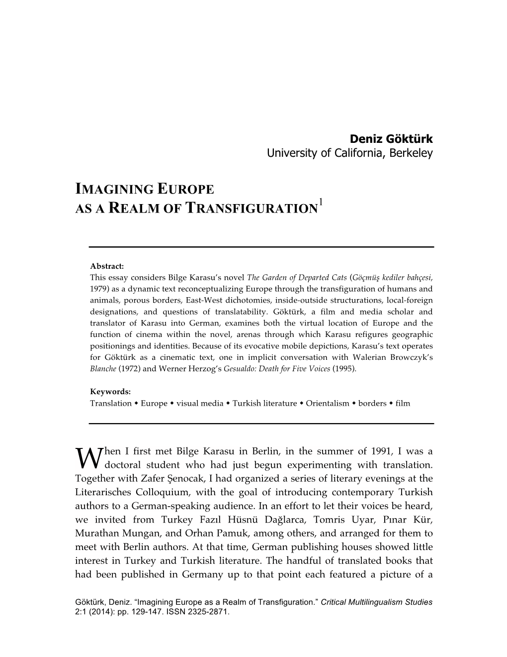 Imagining Europe As a Realm of Transfiguration.” Critical Multilingualism Studies 2:1 (2014): Pp