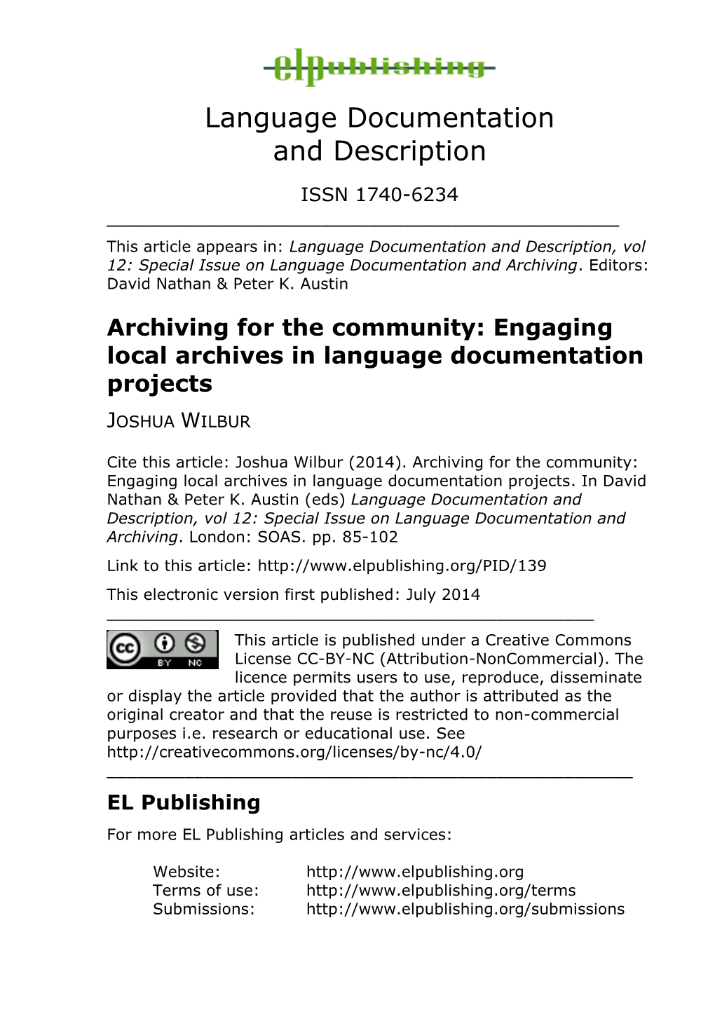 Archiving for the Community: Engaging Local Archives in Language Documentation Projects
