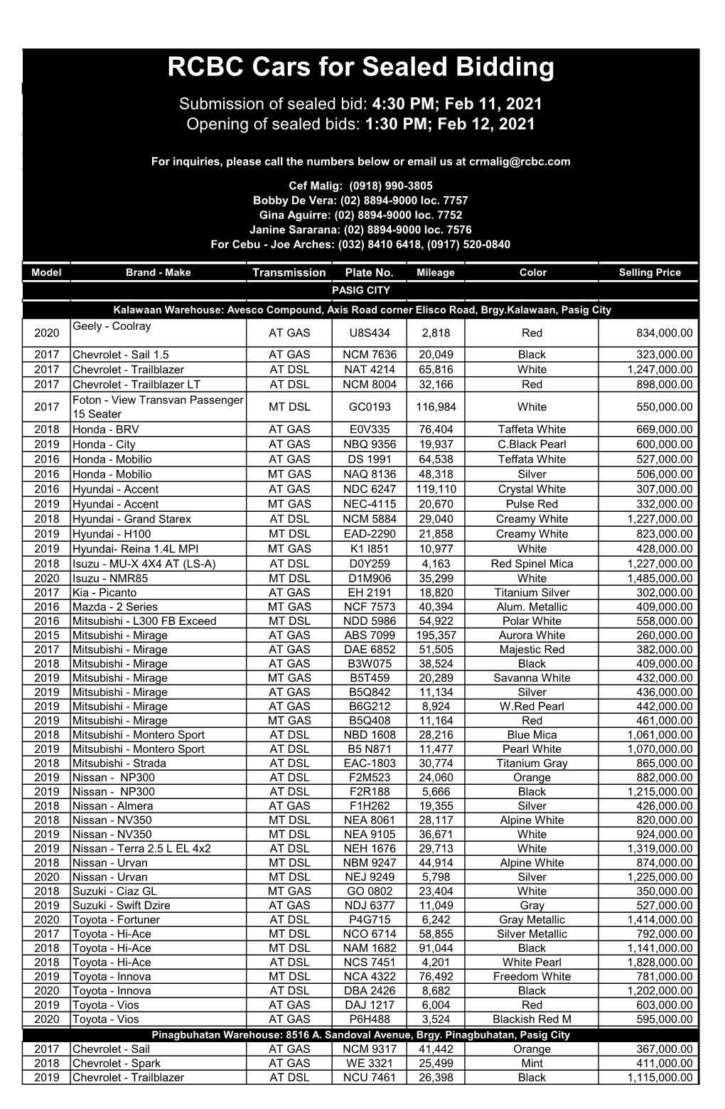 RCBC Cars for Sealed Bidding Submission of Sealed Bid: 4:30 PM; Feb 11, 2021 Opening of Sealed Bids: 1:30 PM; Feb 12, 2021