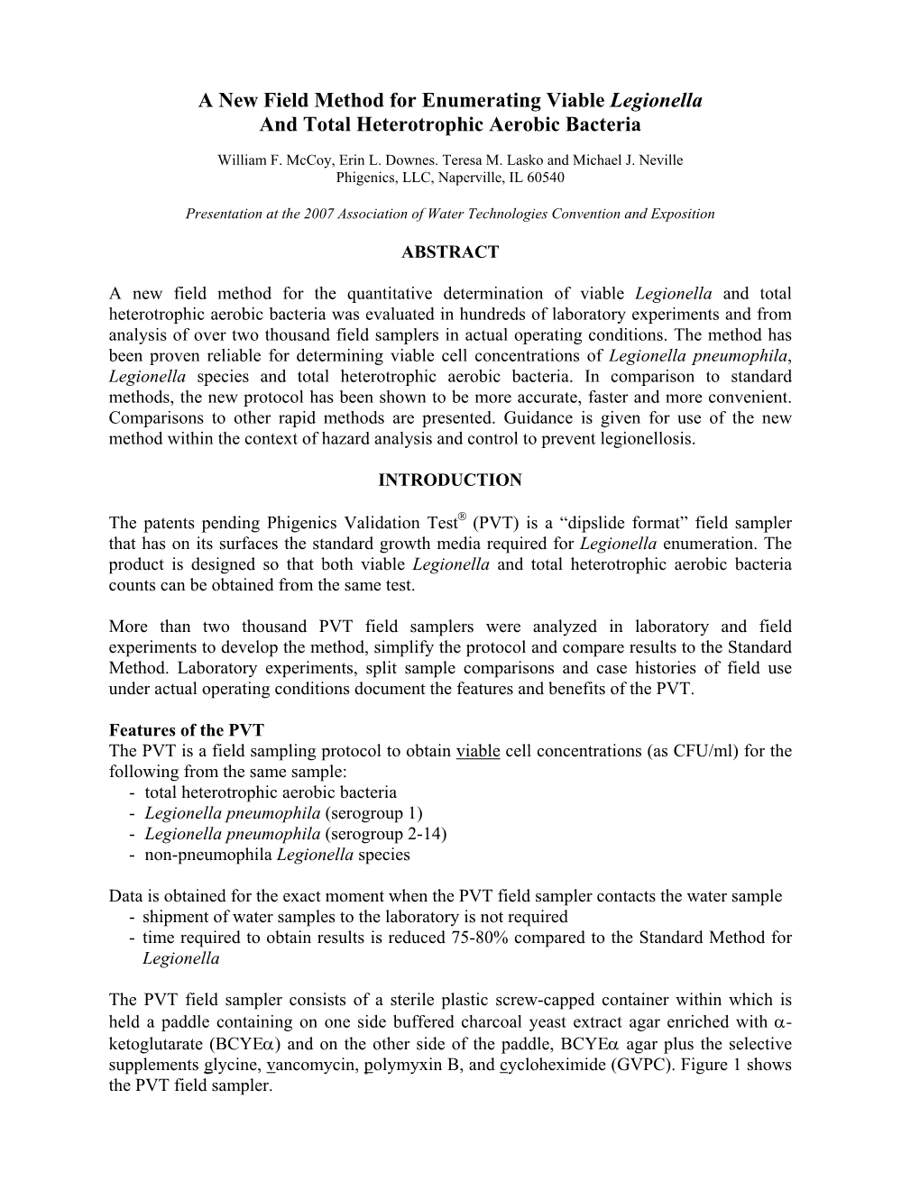 A New Field Method of Viable Legionella and Total Bacteria