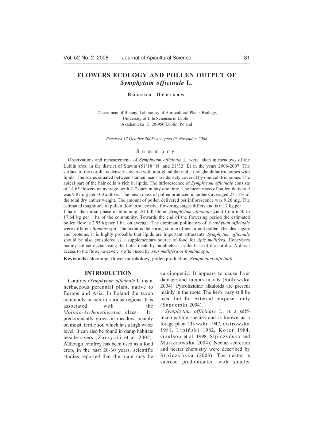 FLOWERS ECOLOGY and POLLEN OUTPUT of Symphytum Officinale L