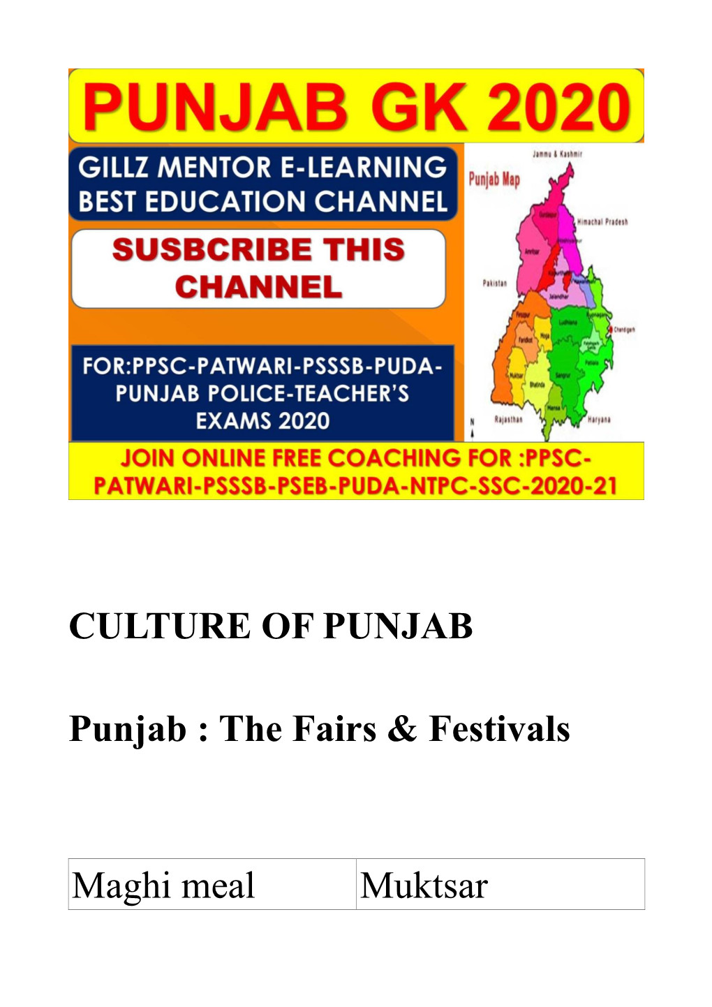 Fairs ,Festival and Folk Dance of Punjab GK-19