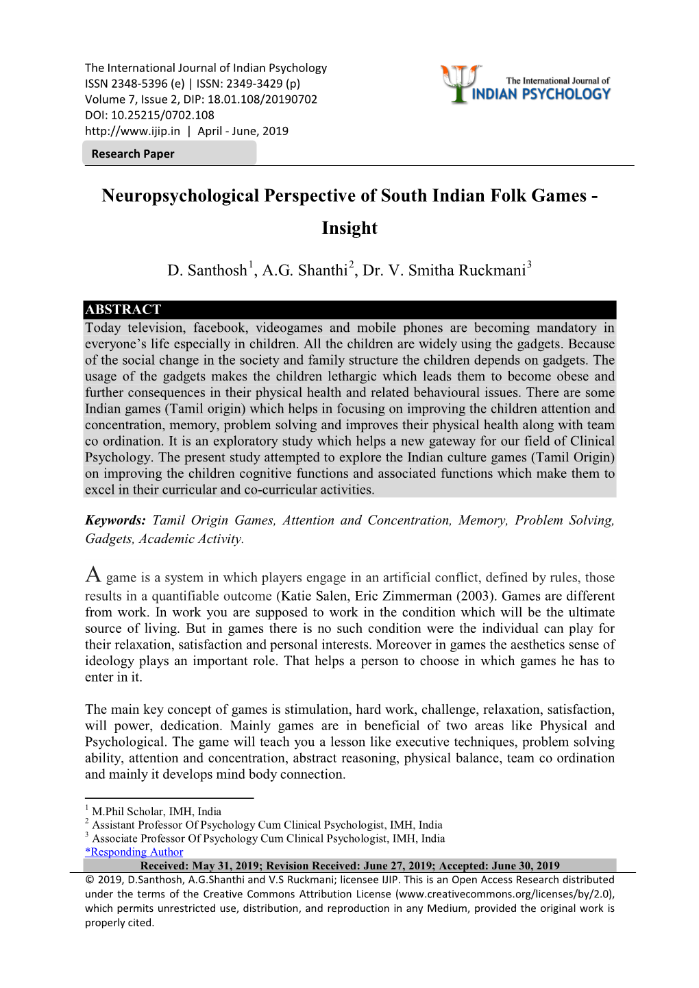 Neuropsychological Perspective of South Indian Folk Games - Insight