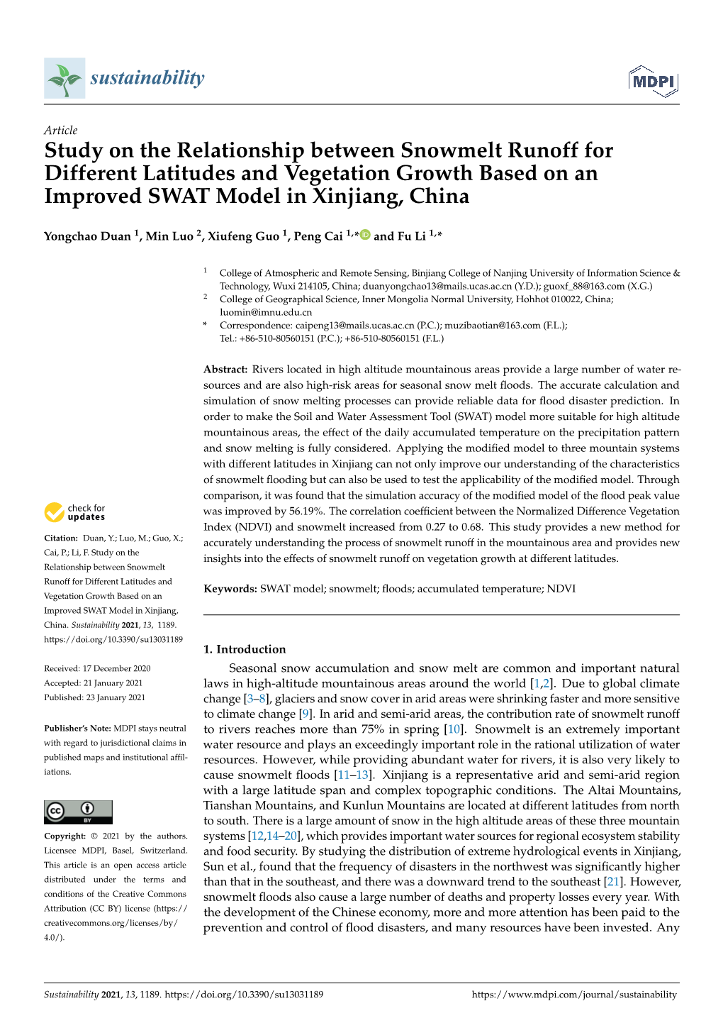 Study on the Relationship Between Snowmelt Runoff for Different Latitudes and Vegetation Growth Based on an Improved SWAT Model in Xinjiang, China