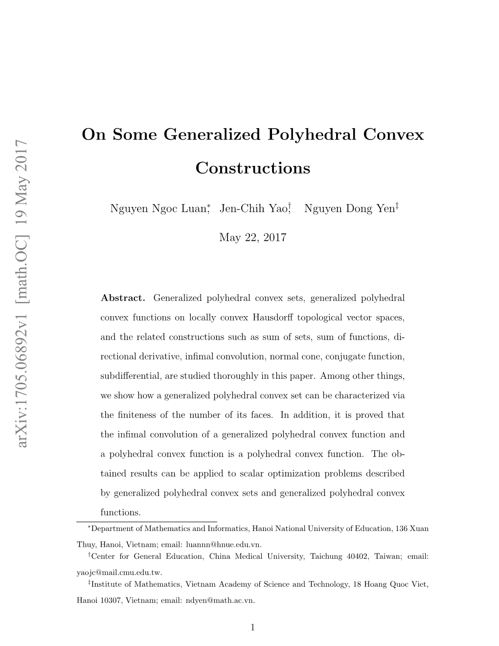 19 May 2017 on Some Generalized Polyhedral Convex Constructions