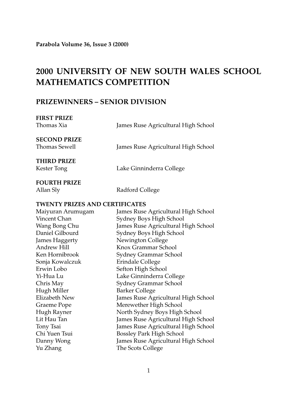 2000 University of New South Wales School Mathematics Competition