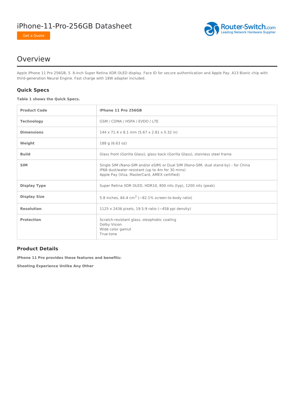 Iphone-11-Pro-256GB Datasheet Overview