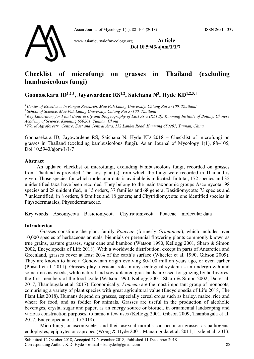 Checklist of Microfungi on Grasses in Thailand (Excluding Bambusicolous Fungi)