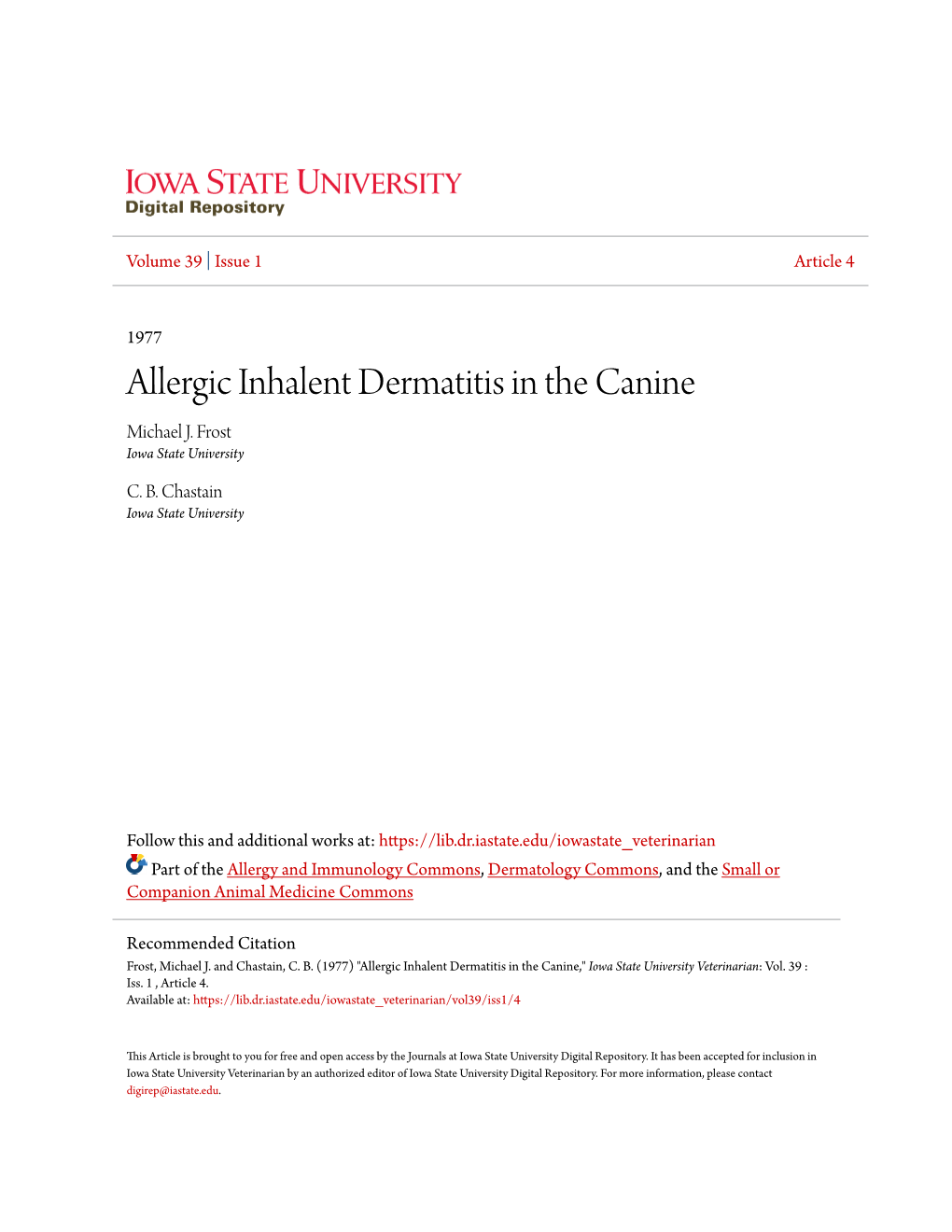 Allergic Inhalent Dermatitis in the Canine Michael J