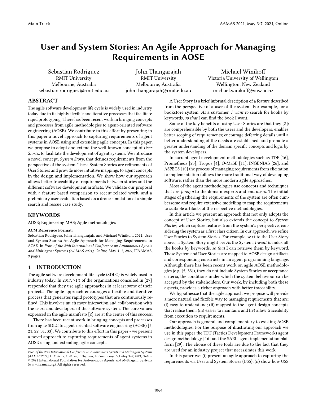 User and System Stories: an Agile Approach for Managing Requirements in AOSE