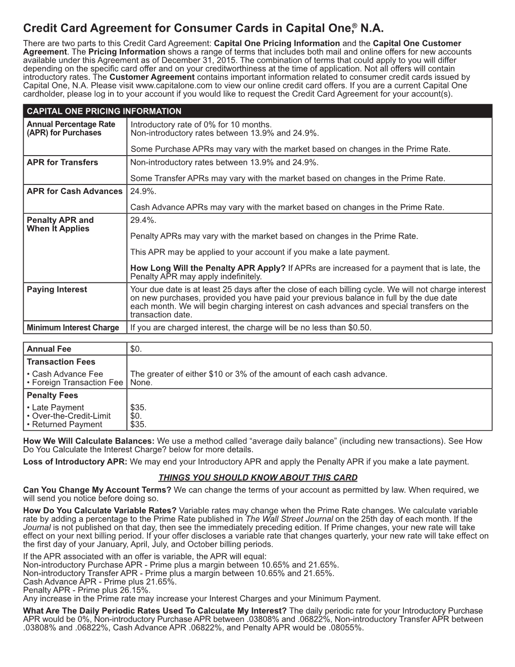 Credit Card Agreement for Consumer Cards in Capital One,® N.A