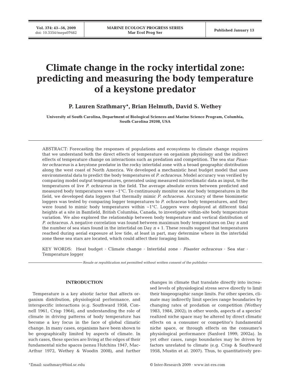 Climate Change in the Rocky Intertidal Zone: Predicting and Measuring the Body Temperature of a Keystone Predator