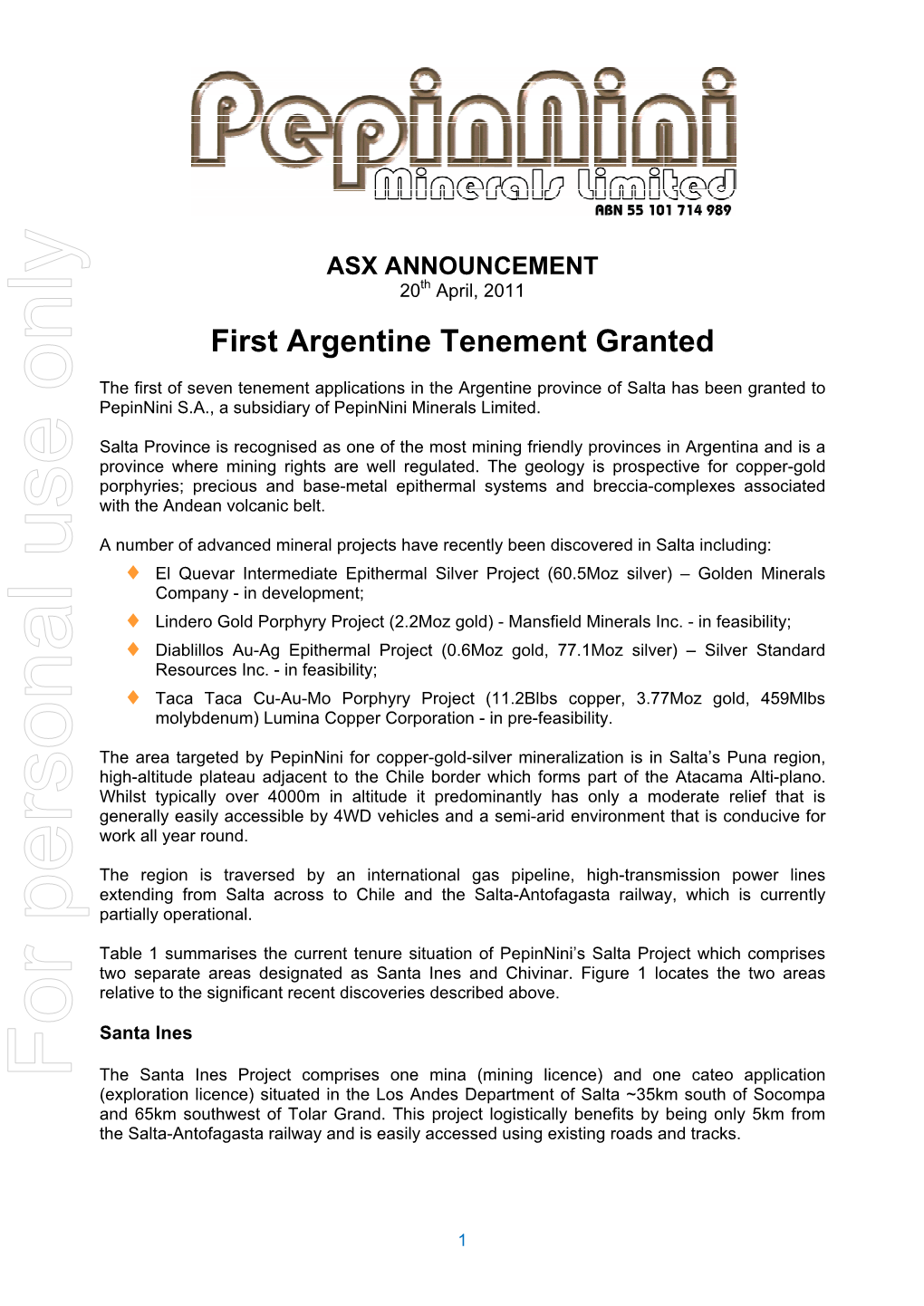 ASX ANNOUNCEMENT 20Th April, 2011