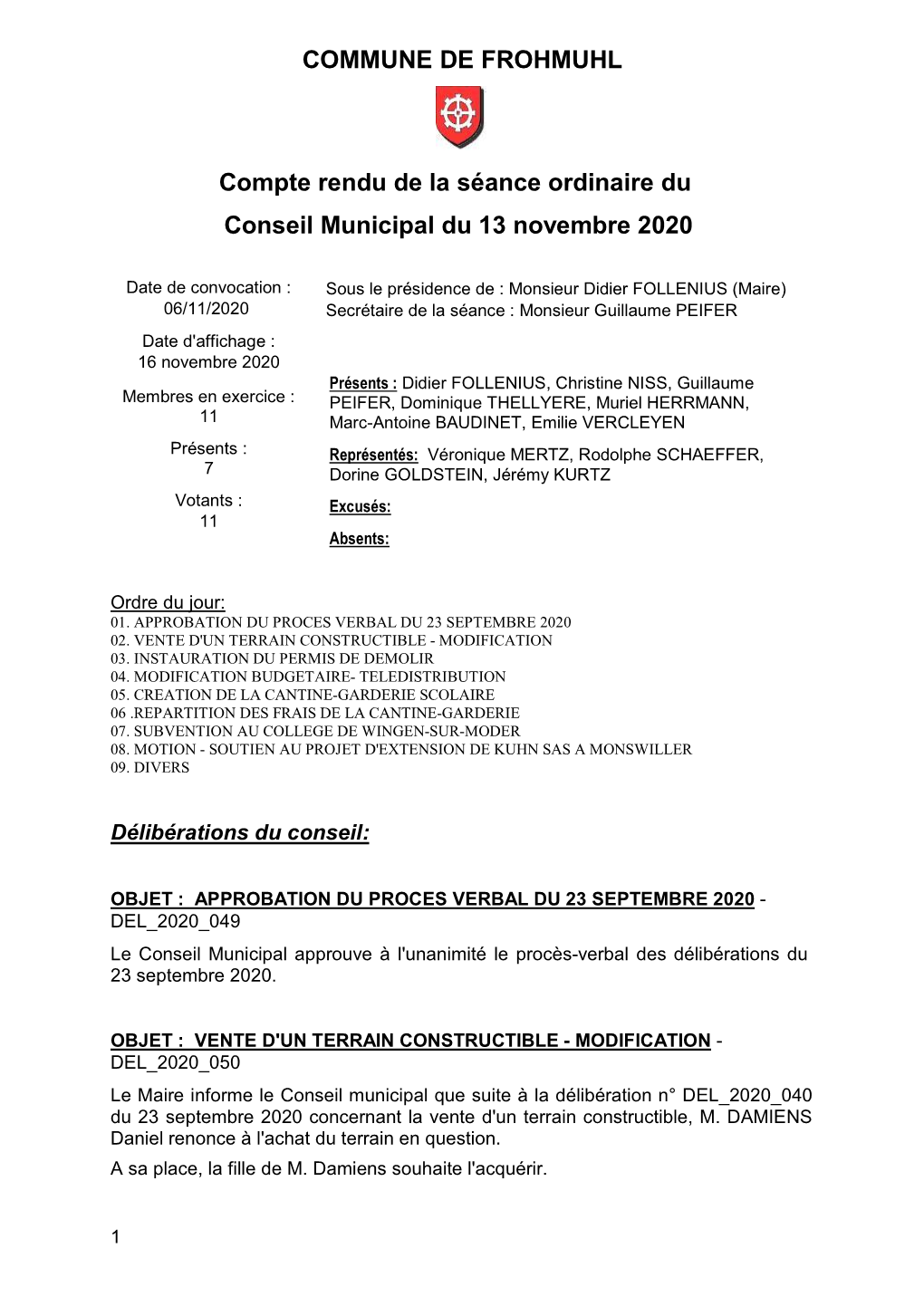 Compte Rendu Du Conseil Municipal Du 13 Novembre 2020