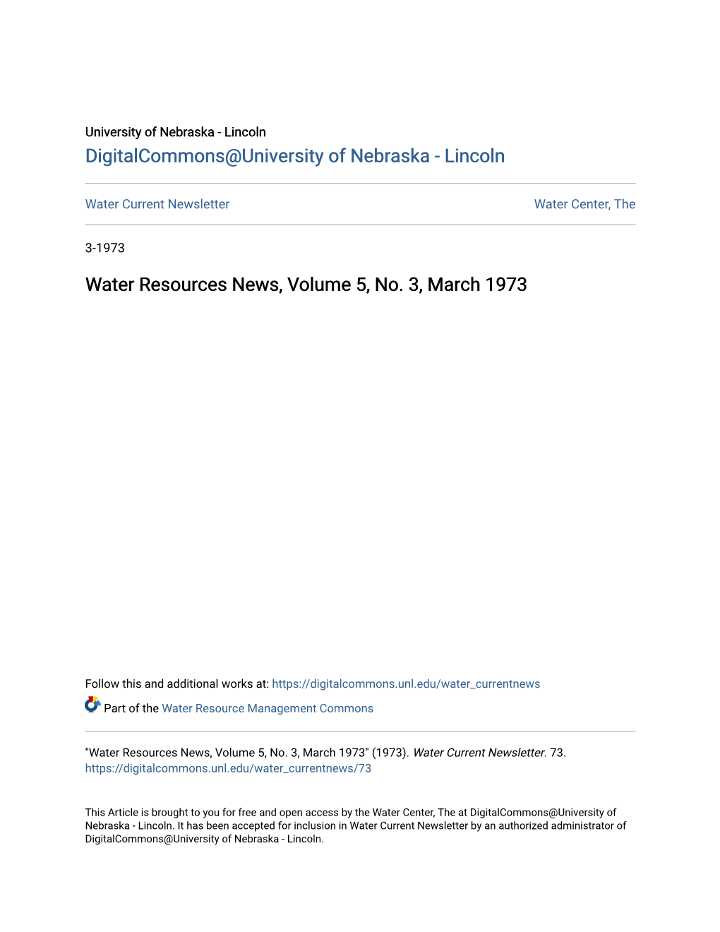 Water Resources News, Volume 5, No. 3, March 1973