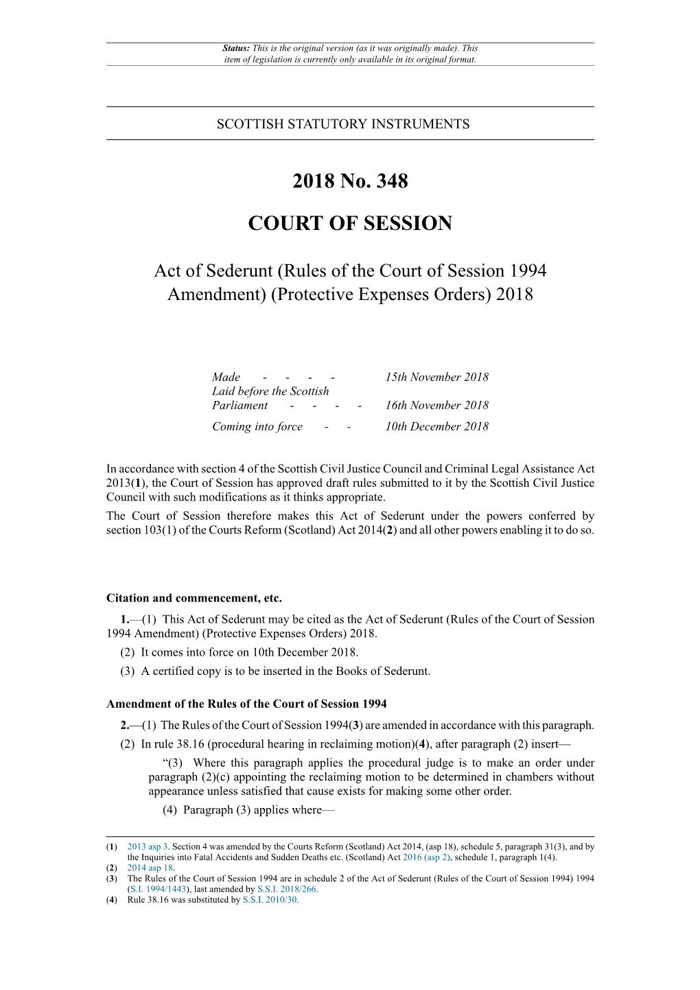 Act of Sederunt (Rules of the Court of Session 1994 Amendment) (Protective Expenses Orders) 2018