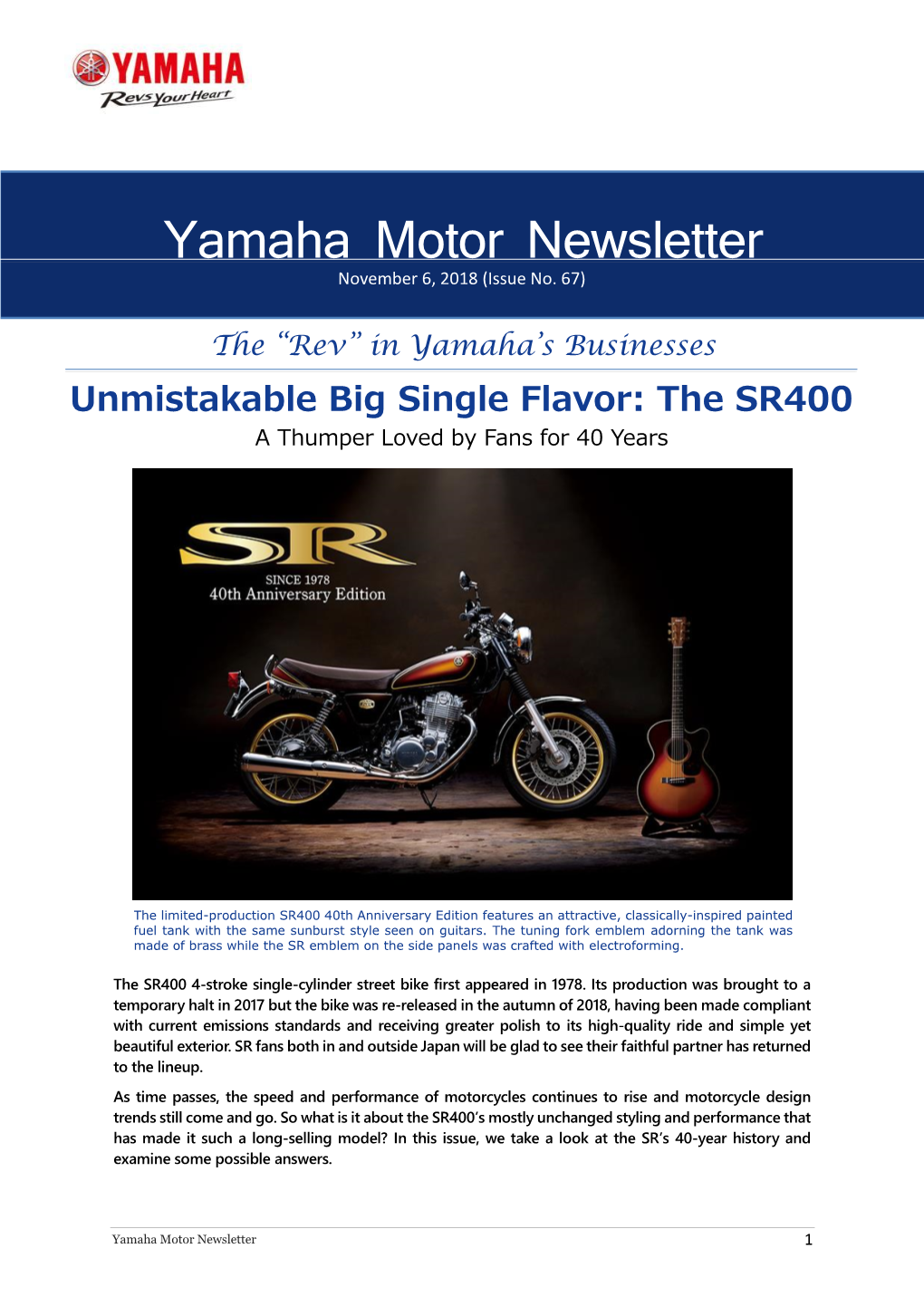 Yamaha Motor Newsletter November 6, 2018 (Issue No
