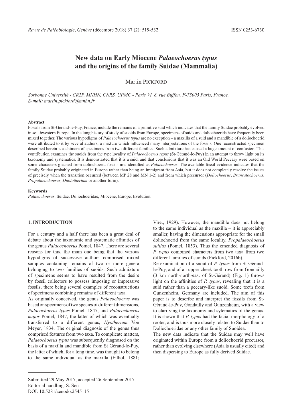 New Data on Early Miocene Palaeochoerus Typus and the Origins of the Family Suidae (Mammalia)