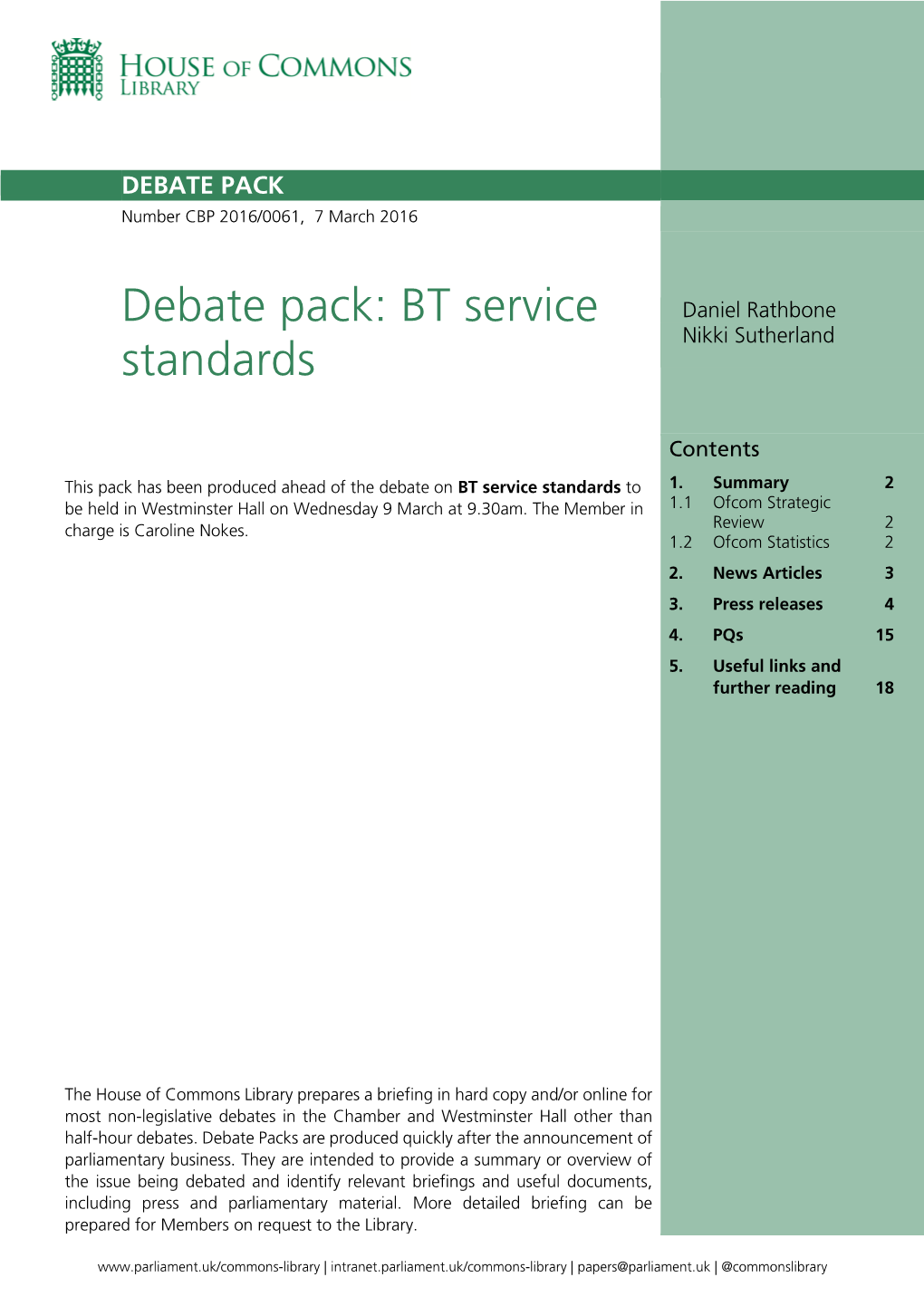 Debate Pack: BT Service Standards 3