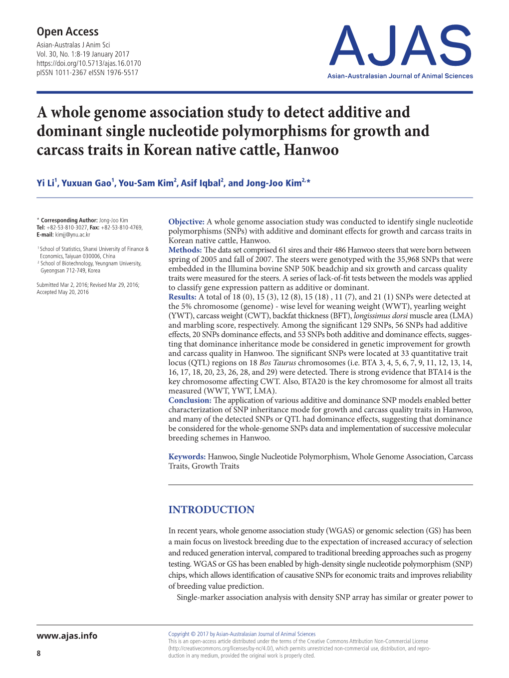 A Whole Genome Association Study to Detect Additive and Dominant Single Nucleotide Polymorphisms for Growth and Carcass Traits in Korean Native Cattle, Hanwoo