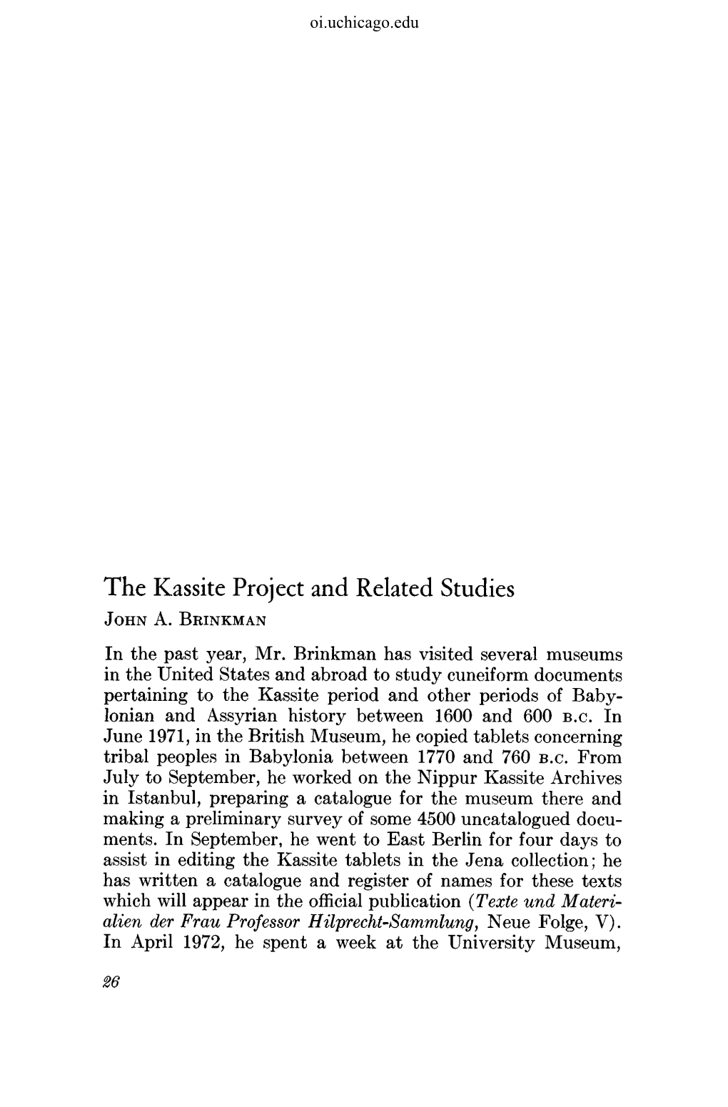 Kassite Project. John A. Brinkman