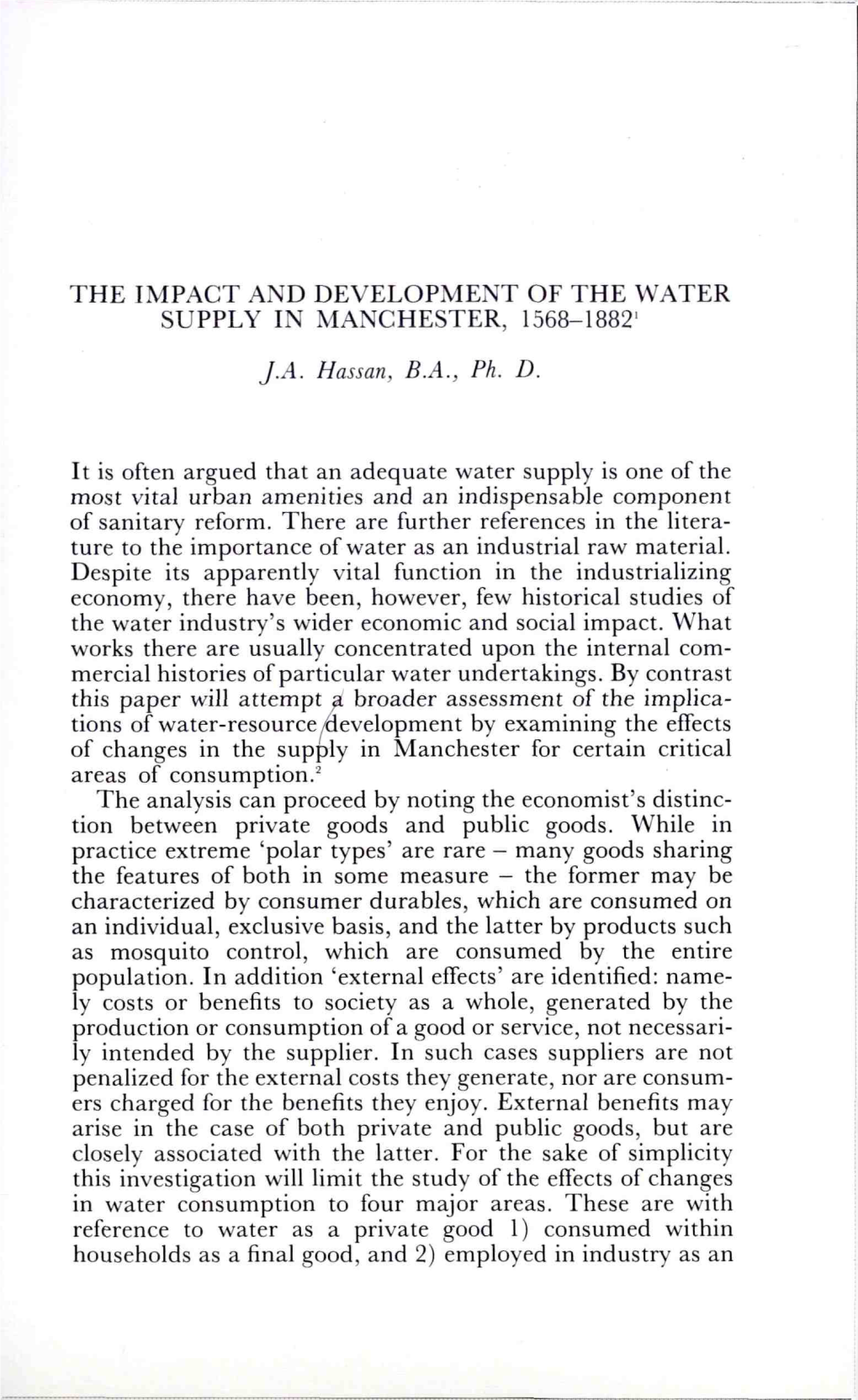 The Impact and Development of the Water Supply in Manchester, 1568-1882' J.A