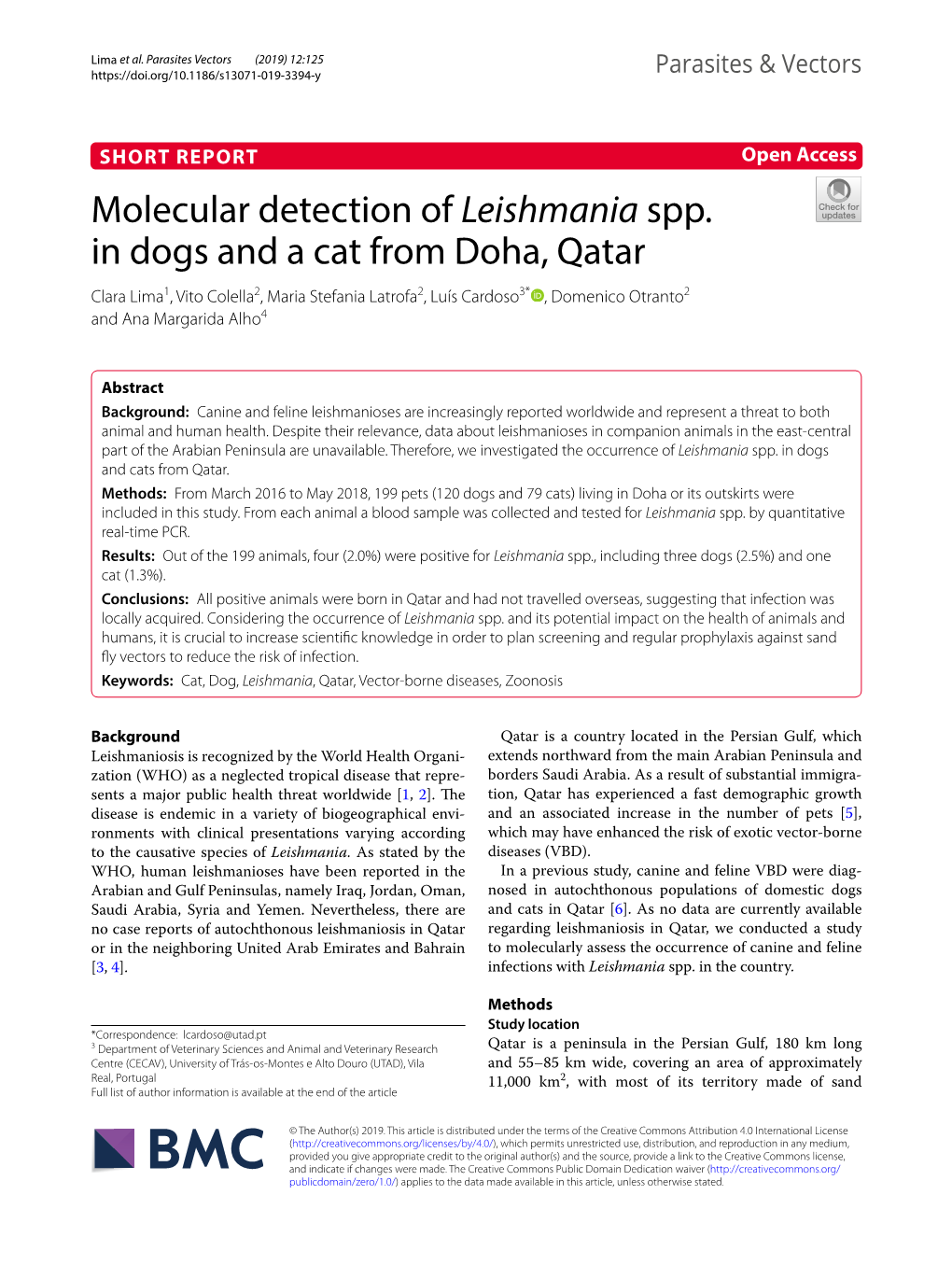 Molecular Detection of Leishmania Spp. in Dogs and a Cat from Doha