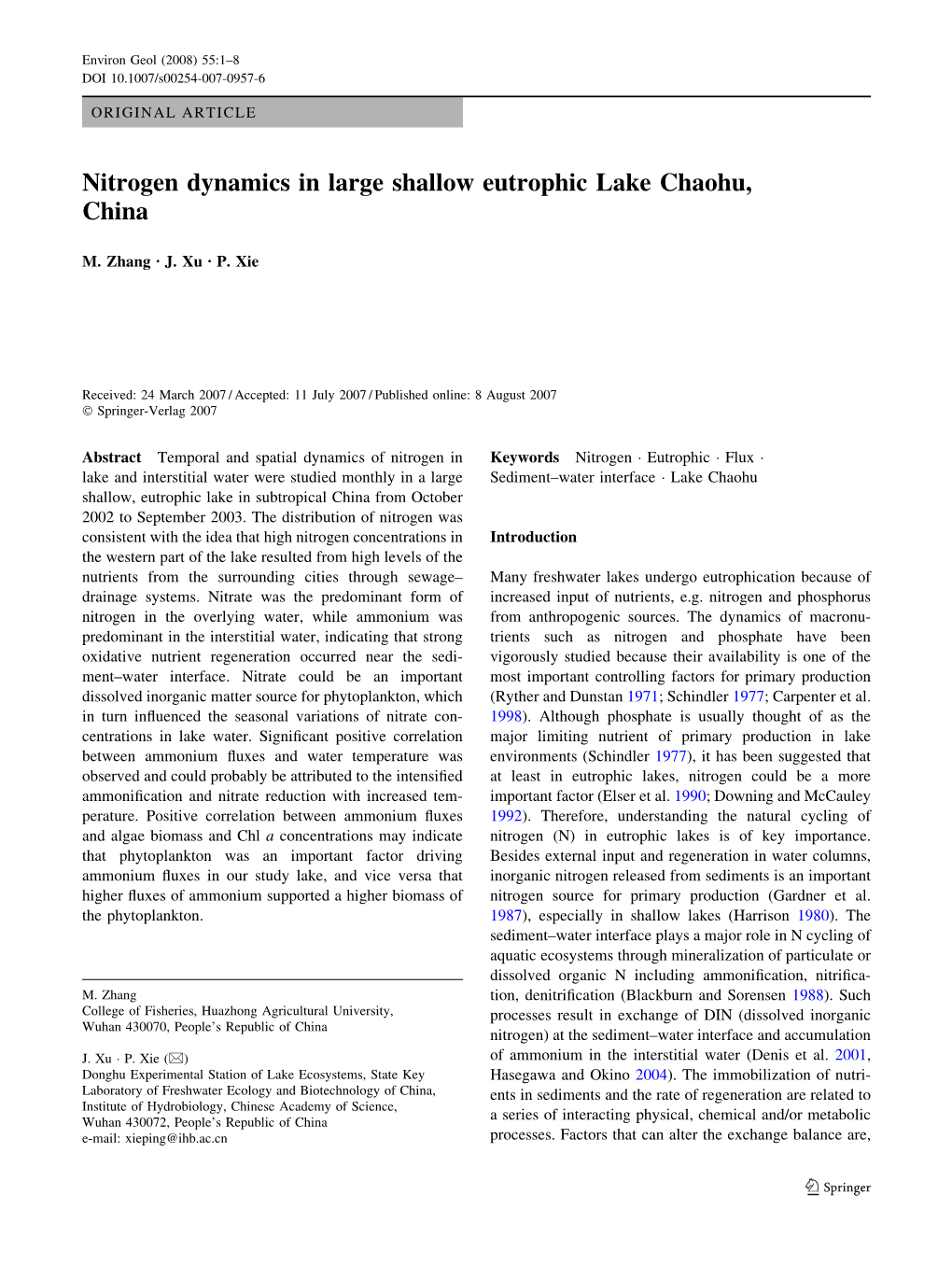 Nitrogen Dynamics in Large Shallow Eutrophic Lake Chaohu, China