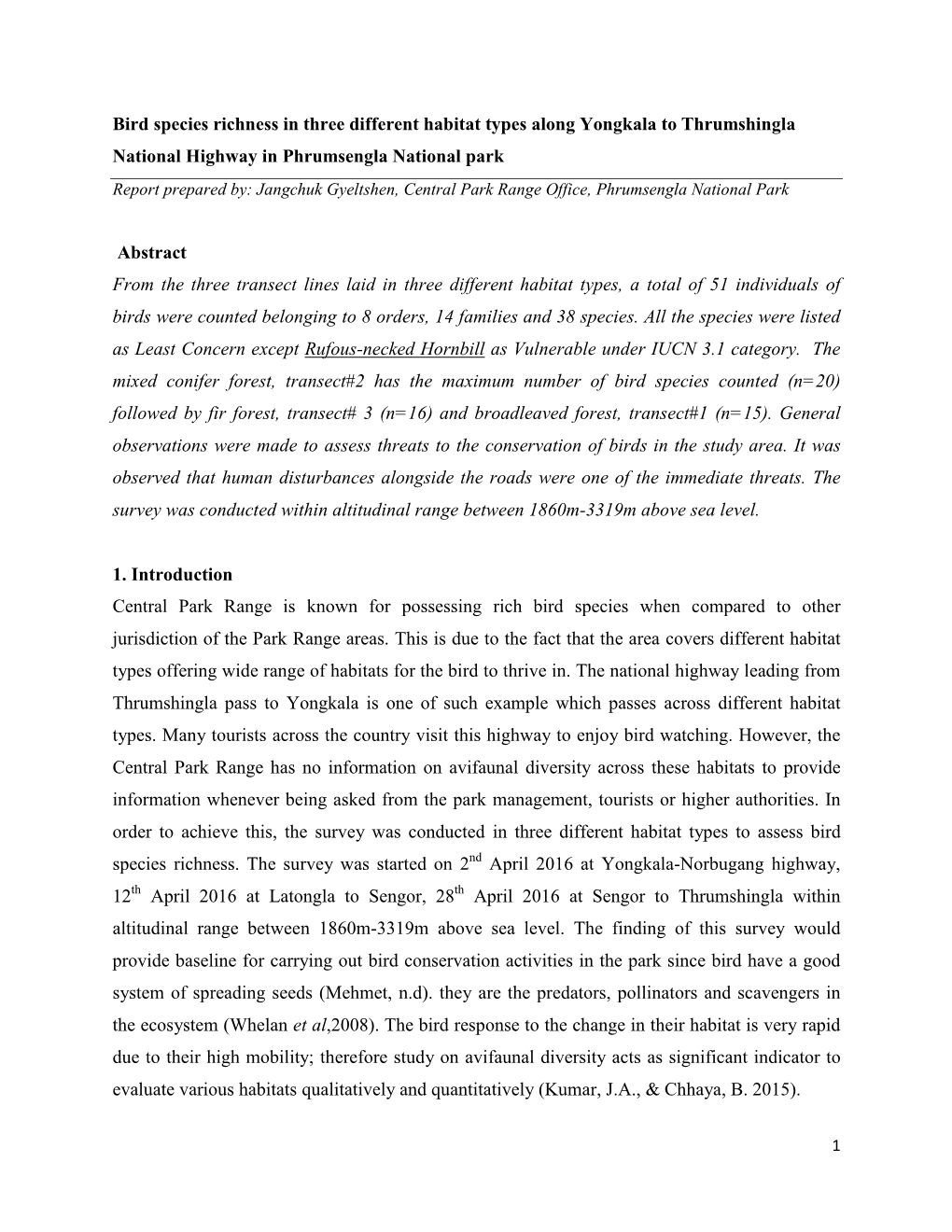 Bird Species Richness in Three Different Habitat Types Along Yongkala To