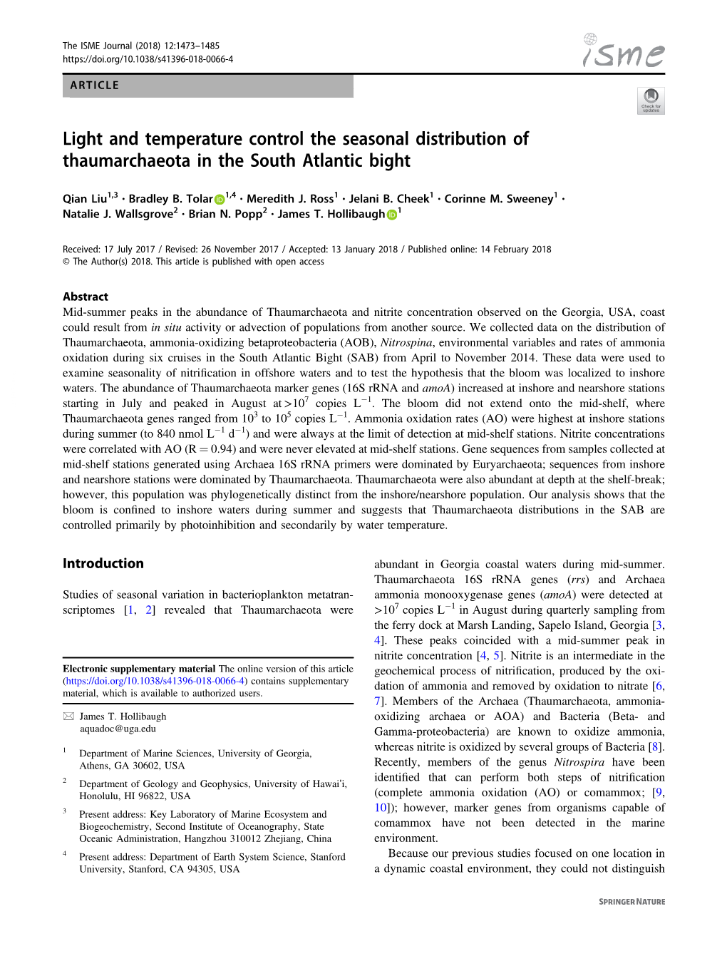 Light and Temperature Control the Seasonal Distribution of Thaumarchaeota in the South Atlantic Bight