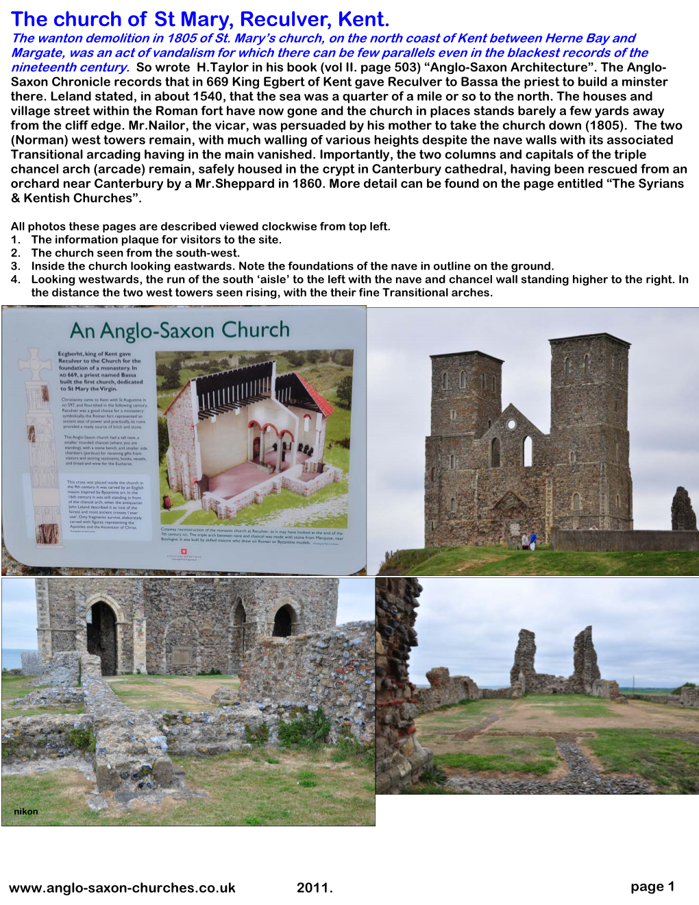 The Church of St Mary, Reculver, Kent. the Wanton Demolition in 1805 of St