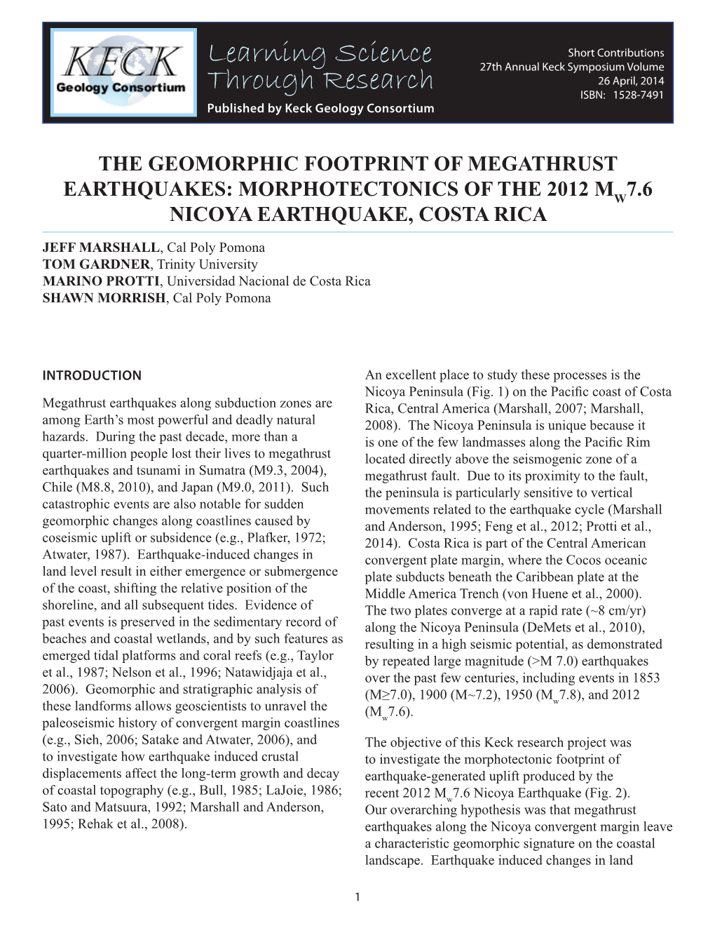 The Geomorphic Footprint of Megathrust Earthquakes: Morphotectonics of the 2012 M 7.6 Nicoya Earthquake, Costa Rica